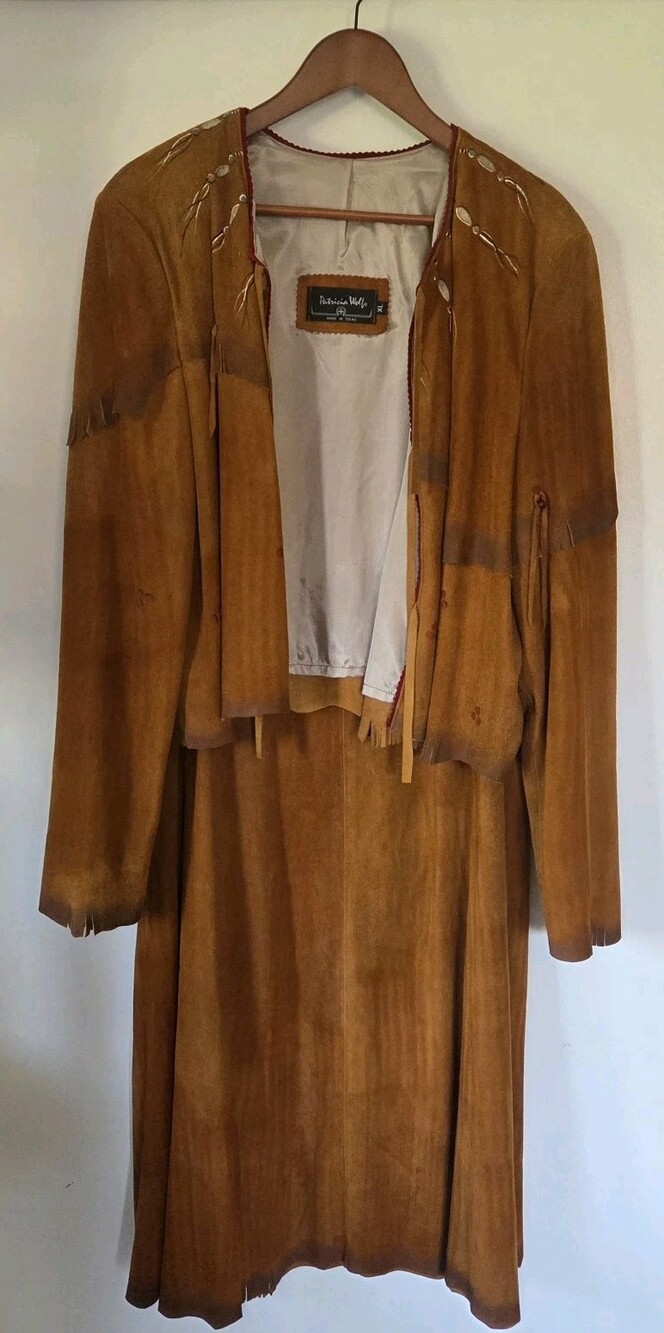 Vtg Patricia Wolf Texas Handpainted  Suede Fringe Jacket Skirt Western 2 Pc XL L